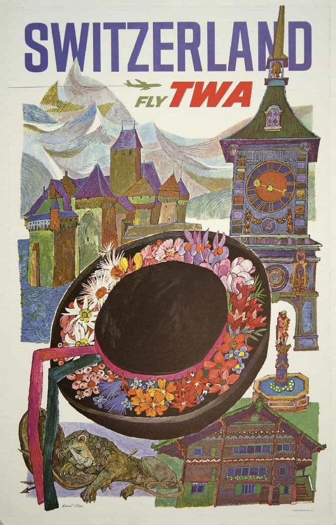 Fly Twa–switzerland Poster David Klein 1960s Vintage Travel Poster