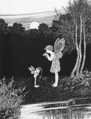 VIntage illustration of a fairy 'Serana' kissing the body of a limp bird. Her Elf friend in front of her crying holds his hands to his eyes