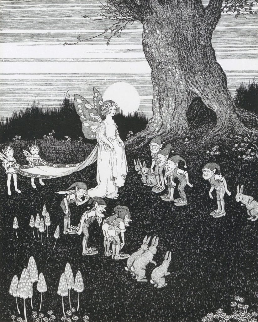 Vintage illustration of a fairy with butterfly wings walking down the isle for a wedding. two small fairies lifitng her wedding dress train. Crowd of elves and Rabbits on either side of isle. Big tree in the background with mushrooms in the foreground