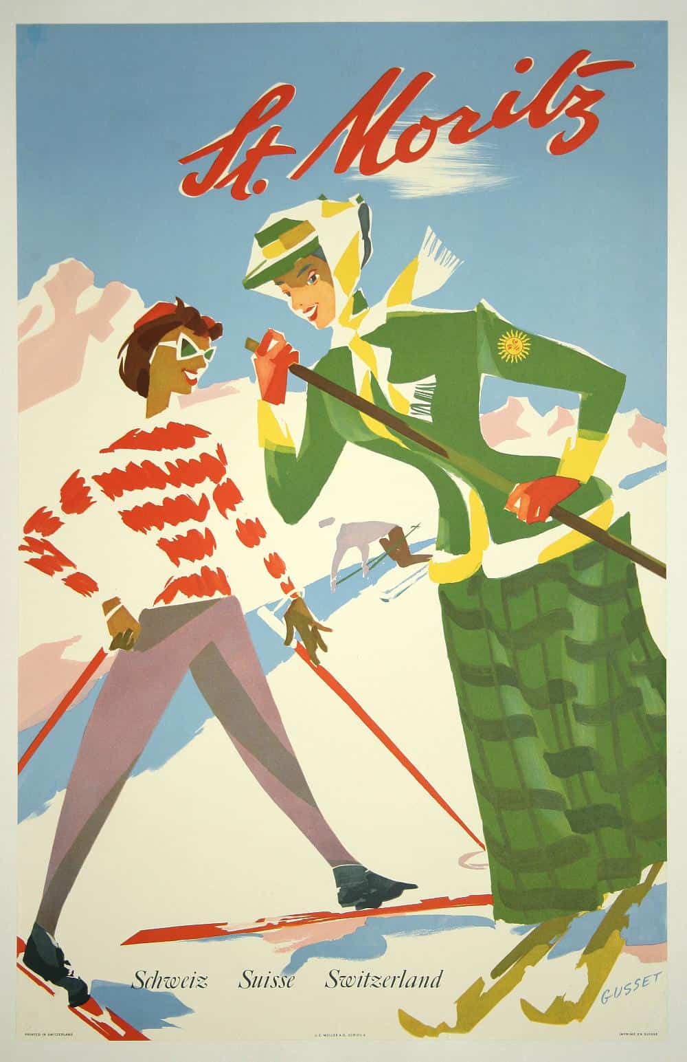 St Moritz Schweiz Suisse Switzerland Paul Gusset 1948 Vintage Travel Poster