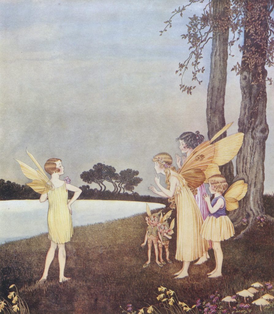 Vintage Illustration of 4 fairies gathered chatting next to a lake. 2 elf fairies with big eyes also looking on.