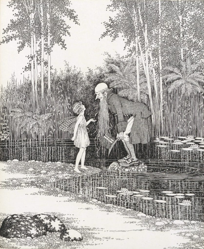 Vintage Illustration of a fairy speaking to an old man. The old man with a bald head and long beard is on top of a rock in a pond. Black and white illustration