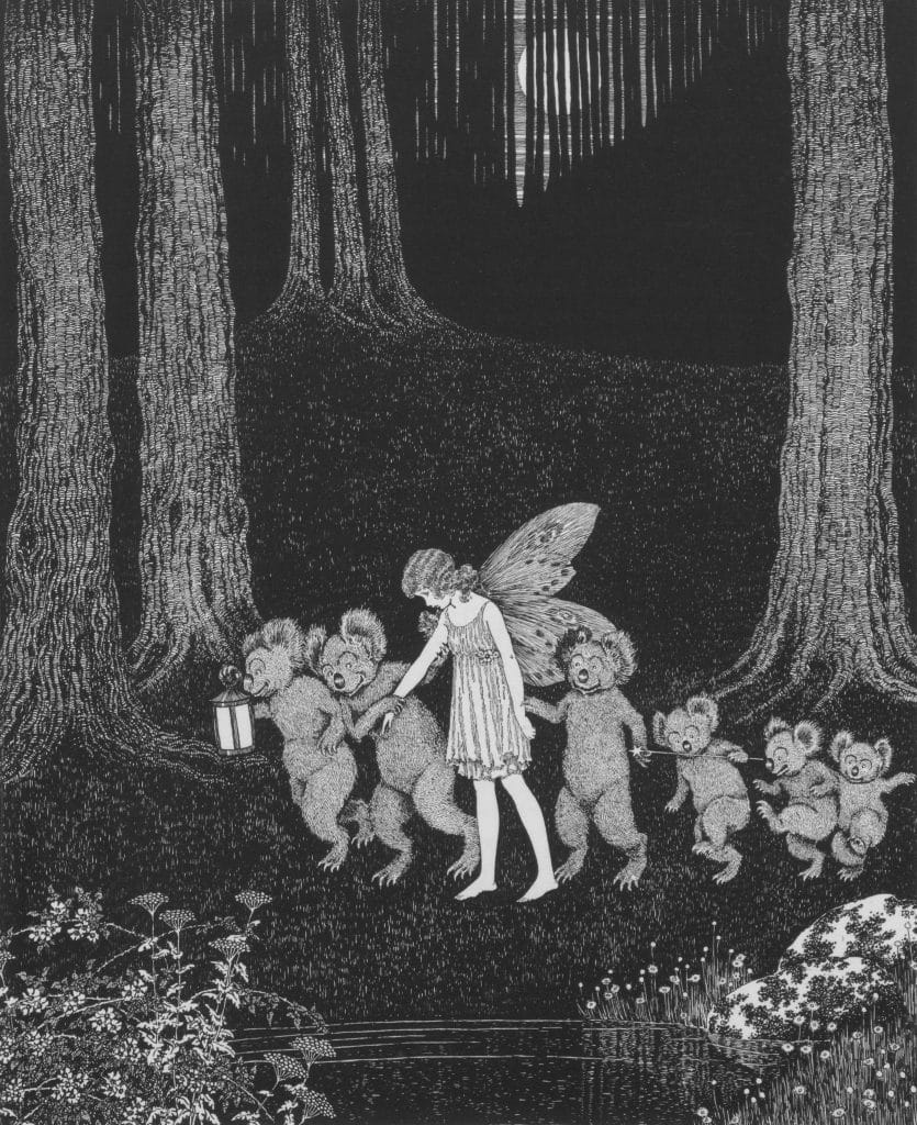 Black and white vintage illustration of a fairy being led by a group of koalas. Walking through a forest through the night with the moon peering through the trees in the background