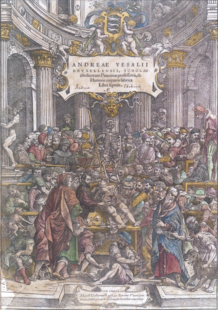 Front Image Of The Book De Humani Corporis Fabrica Libri Septem Showing Andreas Vesalius In His Studies