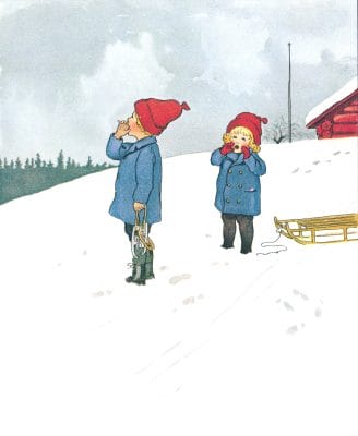 A Boy And Girl Out In The Snow With A Sledge