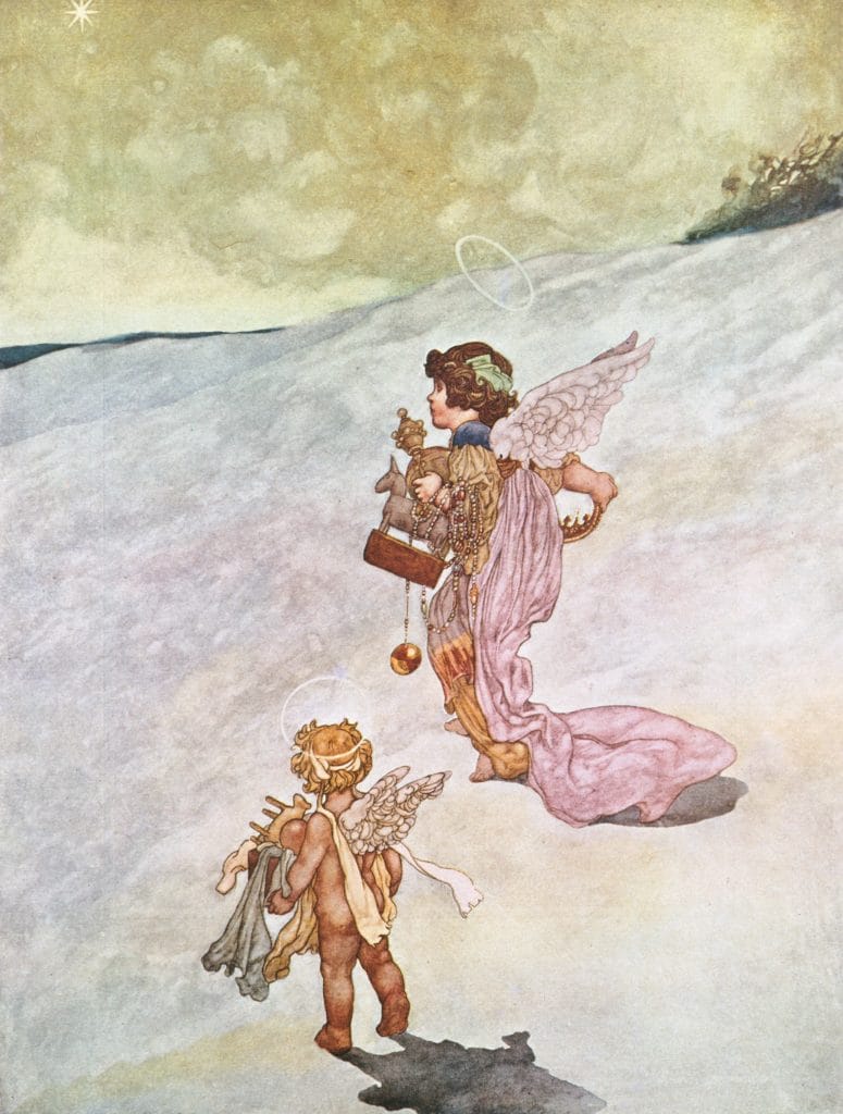 Angles Walking Through The Snow In Winter Vintage Fairy Tale Illlustration