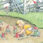 Annika Playing In The Sand With A Bucked Surrounded By Gnomes
