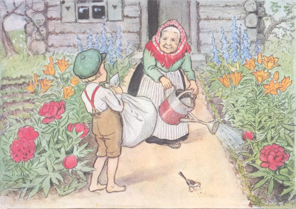 Boy With A Bag Of Wool Greeting A Old Woman