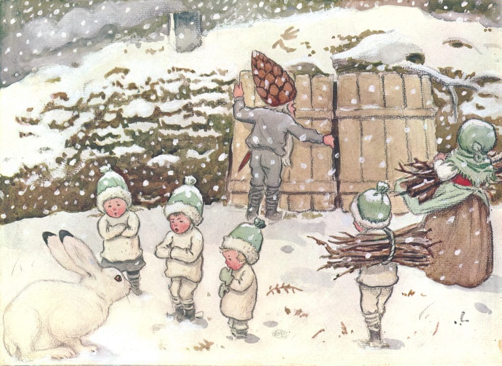 Children Of The Forest Outside In The Snow With A Rabbit