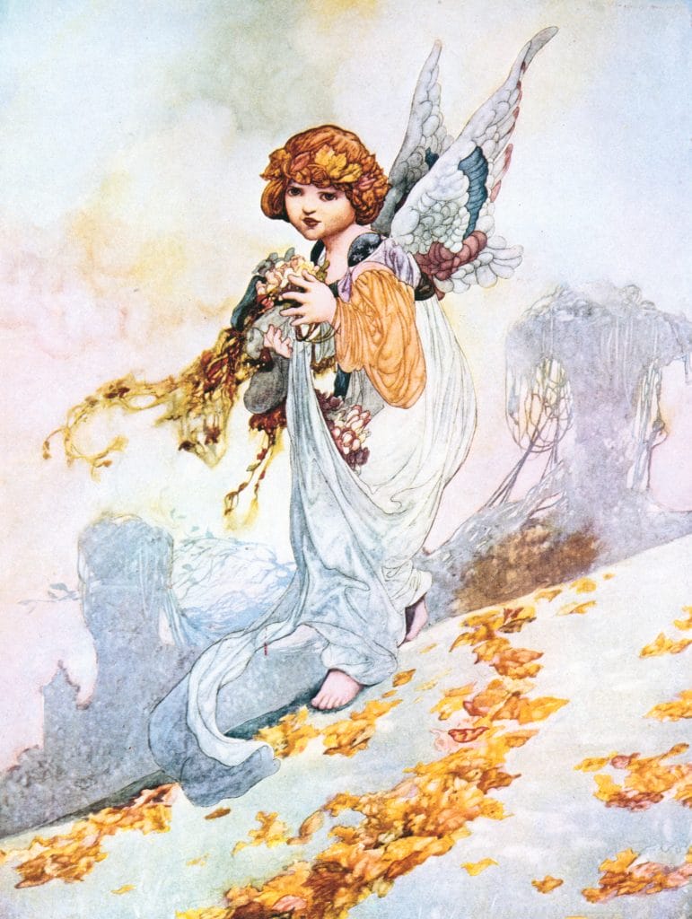 Fairy Holding Flowers In Autumn Vintage Fairy Tale Illlustration