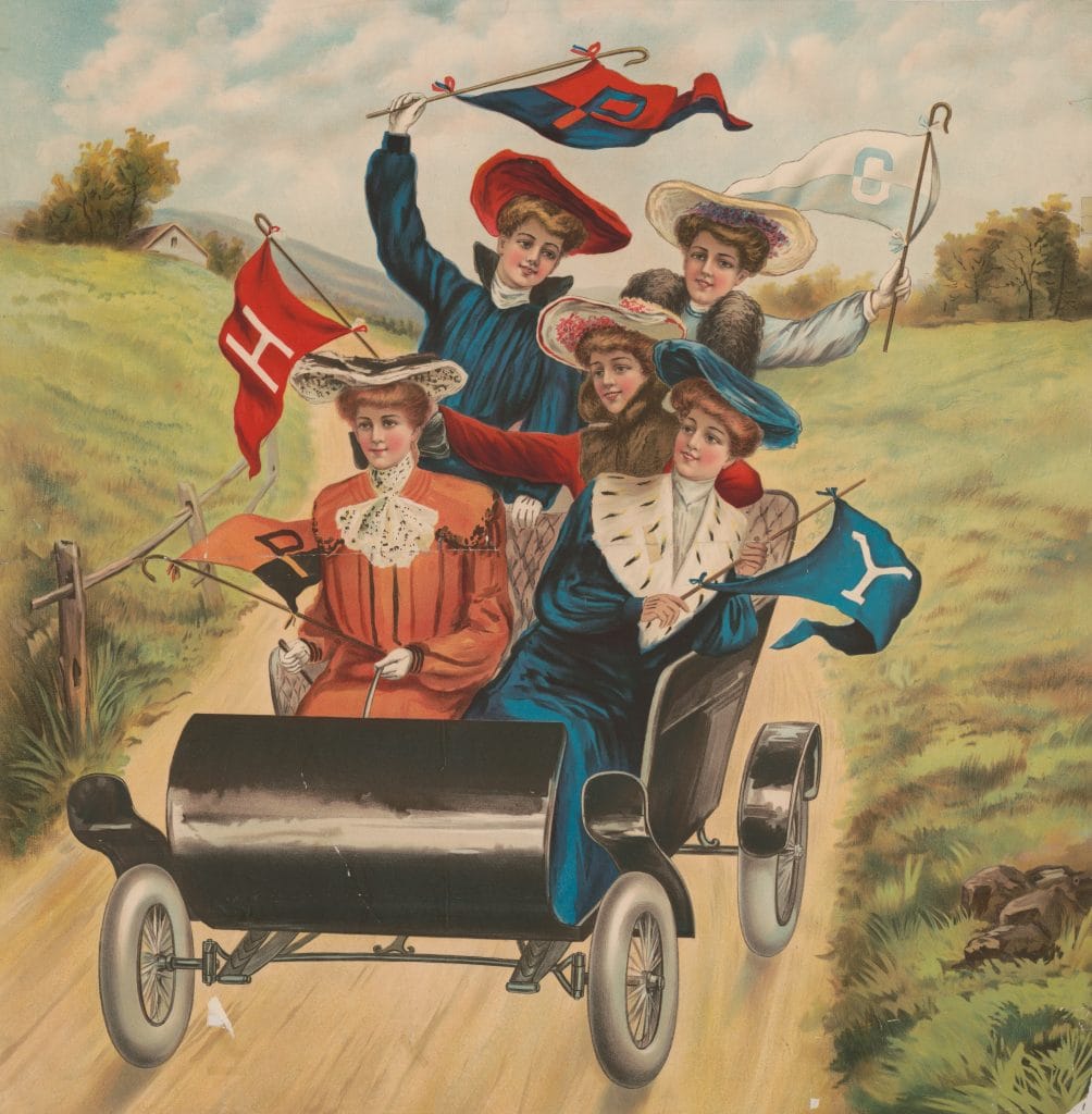 Five Women Driving In An Early Automobile Each One Is Dressed Fashionably Wearing Coats And Hats Holding Flags That Have A Letter On Them Possibly Representing Ivy League Universities