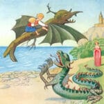 Girl And Boy Fly On The Tree Dragon As A Dragon Attacks Them. Princess Looks On