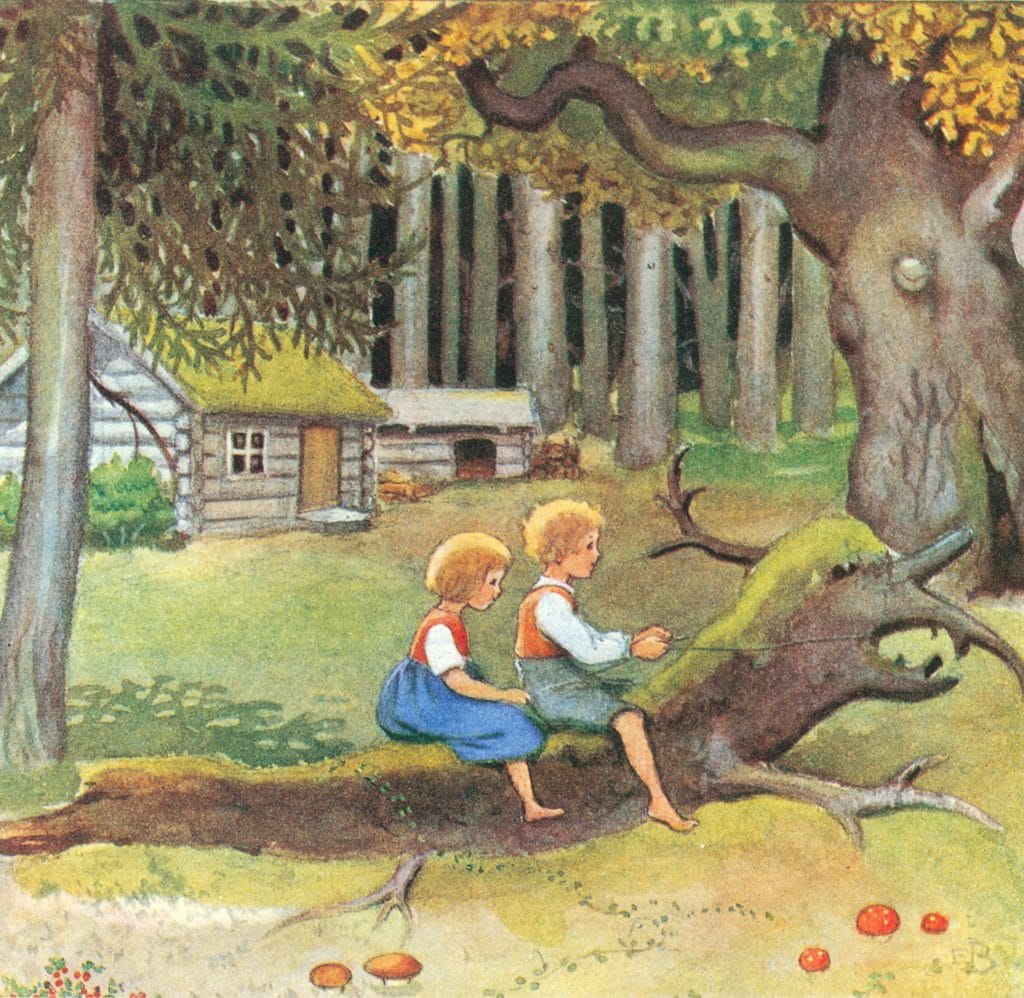 Girl And Boy Sit On Tree Trunk Shaped Of A Dragon