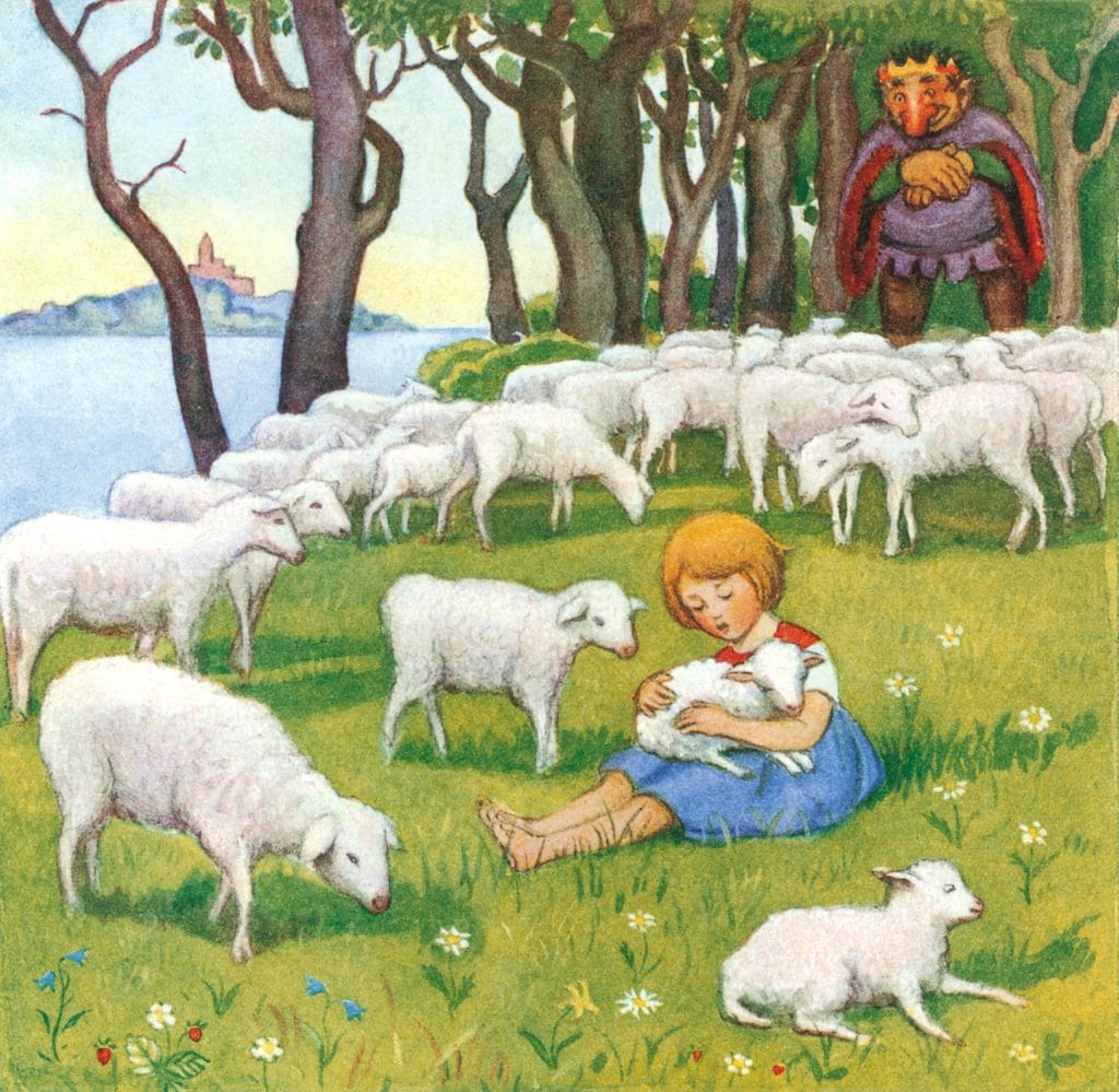 Girl Holding Lamb Surrounded By Sheep. Troll Looks On From Afar