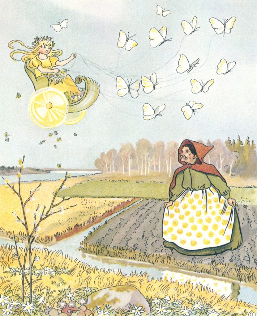 Girl On A Flying Chair Pulled By Butterflies