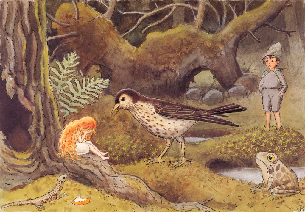 Girl Sitting On Tree Trunk Crying As A Bird Frog And Boy Look On