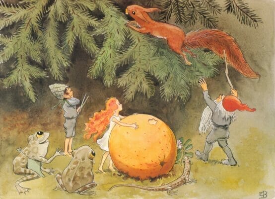 Girl With Her Sun Egg The Gnome Shooing Away A Squirrel