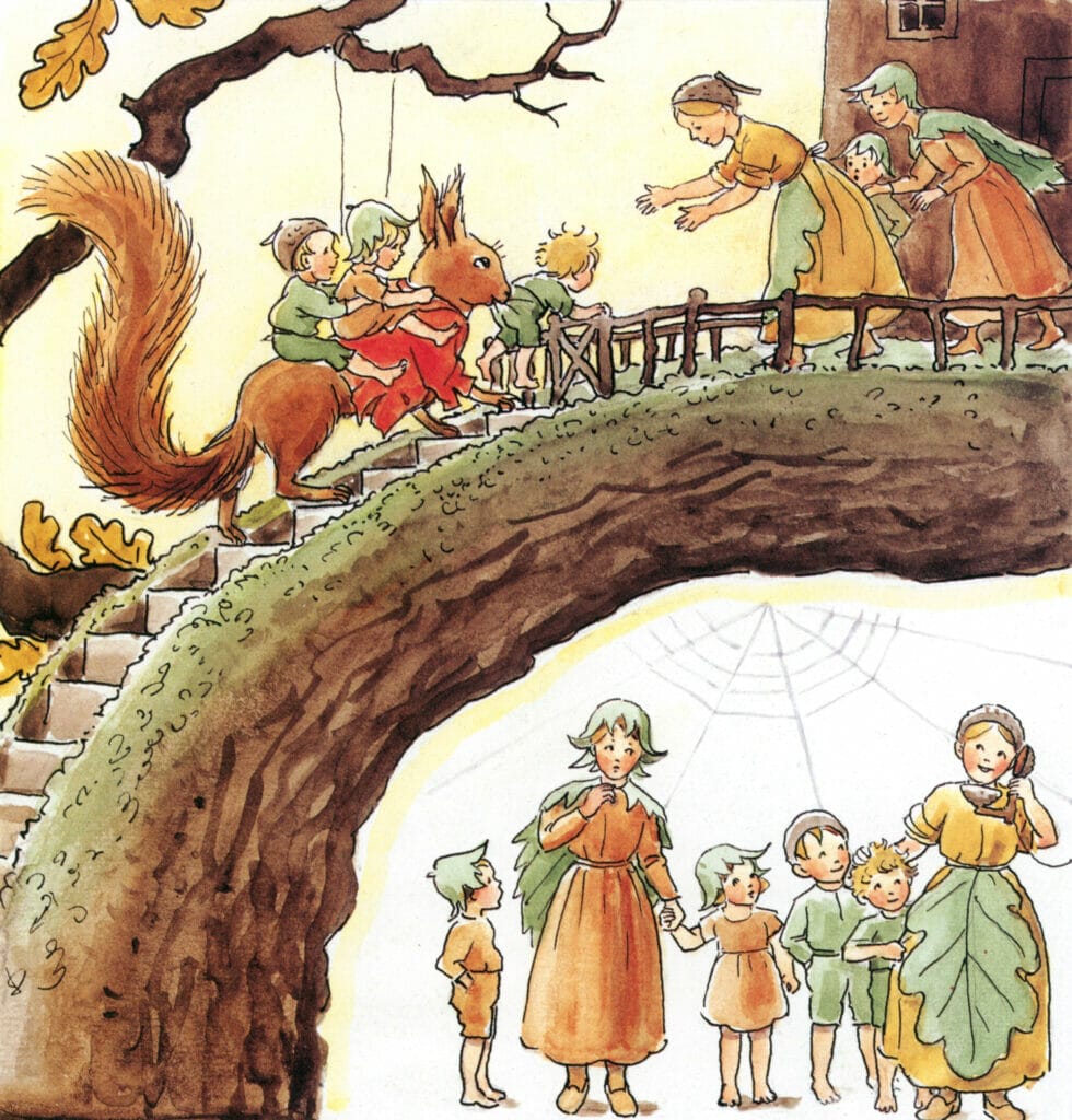 Kids Riding A Squirrel Returning To Tree House