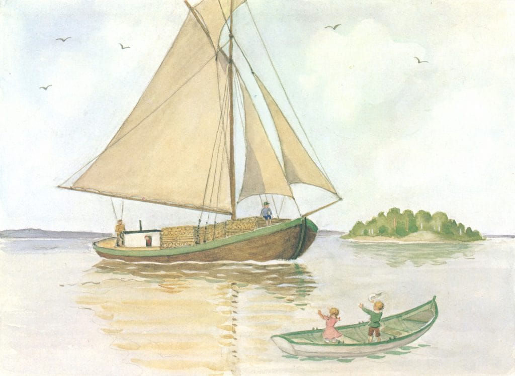 Little Boy And Girl In A Row Boat Waving At A Larger Sail Boat
