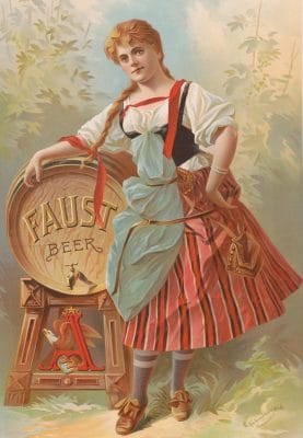Lady Leaning Against A Barrel Of Beer Vintage Advertising Illustration.