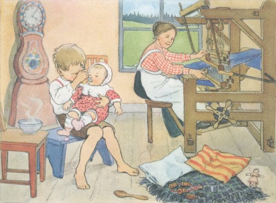 Pelles Feeding A Baby While A Lady Creates Fabric