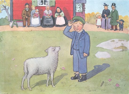 Pelles The Boy Wearing His New Suit Standing In Front Of A Sheep