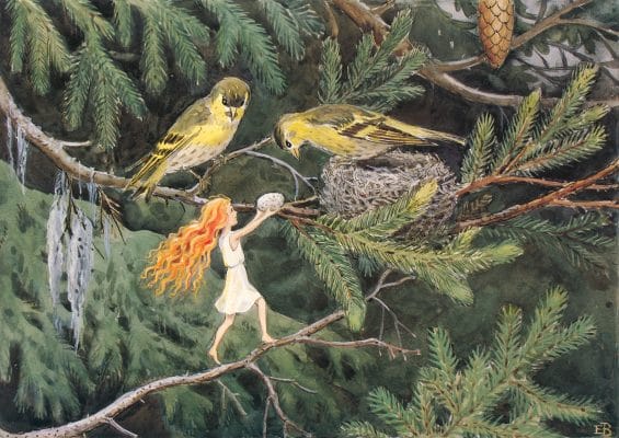 Red Haird Fairy Climbing Up A Branch To Give An Egg To Bird On Its Nest