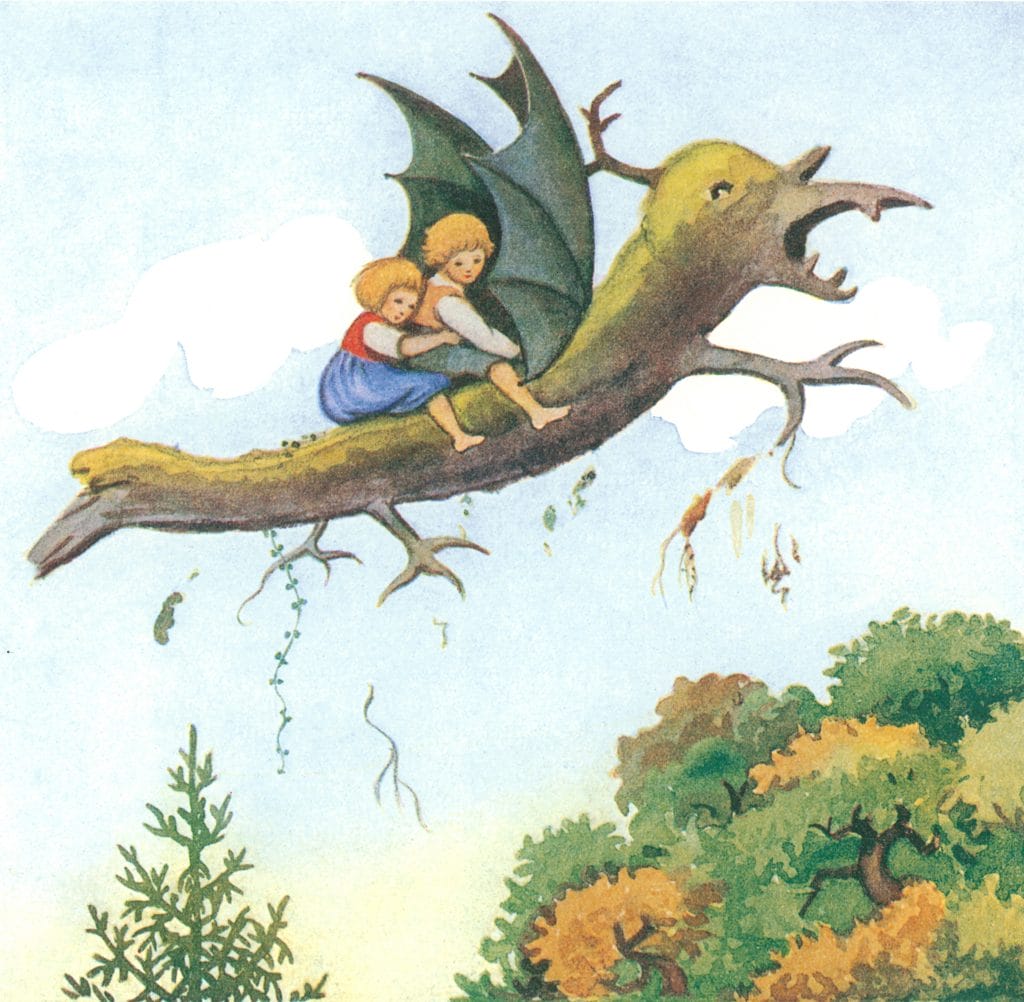 The Tree Trunk Dragon Flies In The Sky With A Boy And Girl Mounted