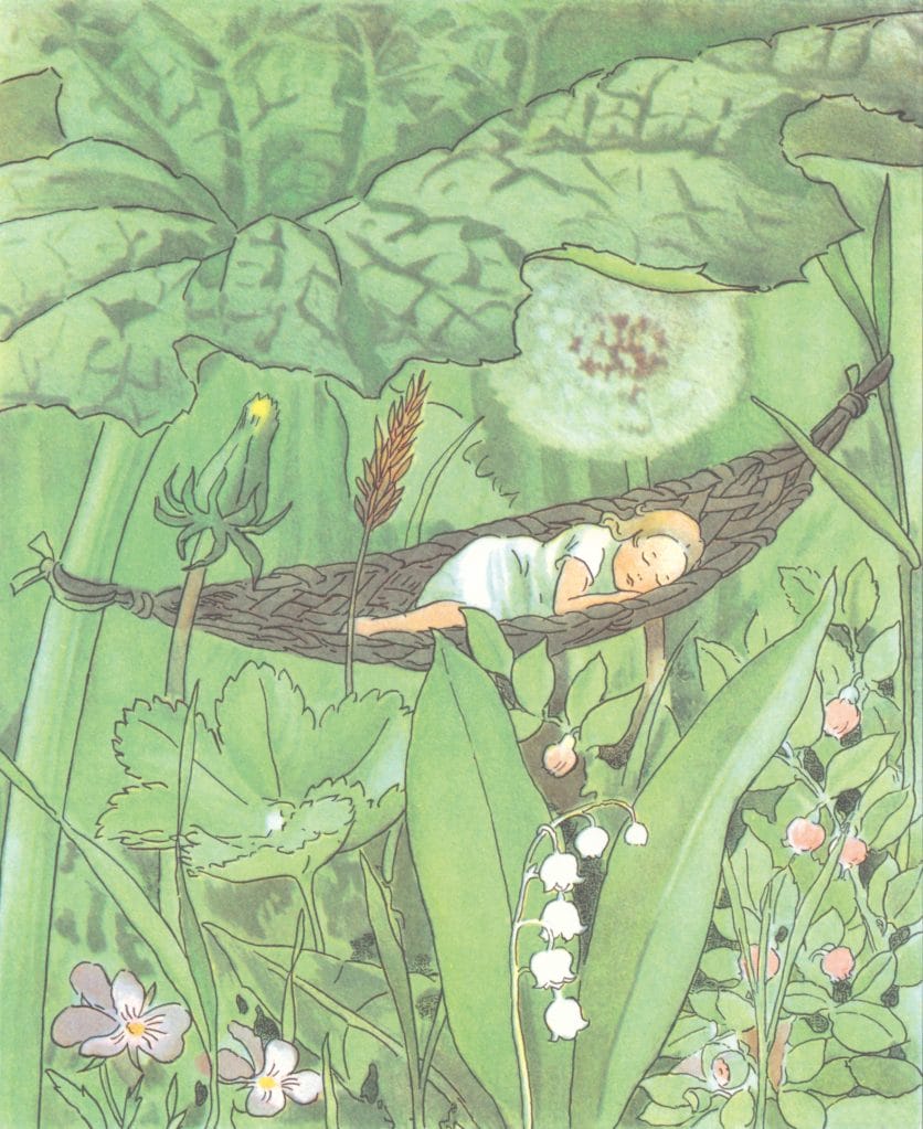 Thumbelina Little Girl Sleeping In A Hammock Under The Shade Of Leaves Illustration07