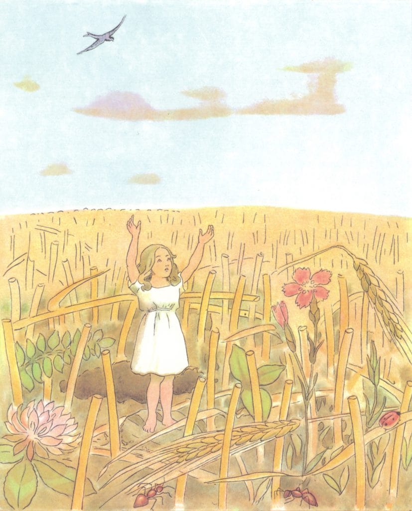 Thumbelina Little Girl Holding Her Hands Out To A Flying Swallow Illustration13