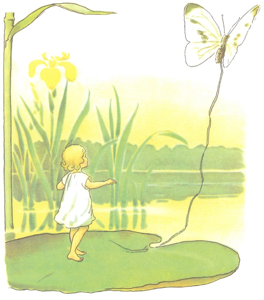 Thumbelina Little Girl On Water Lilly Watching A Butterfly Fly Away Illustration 01