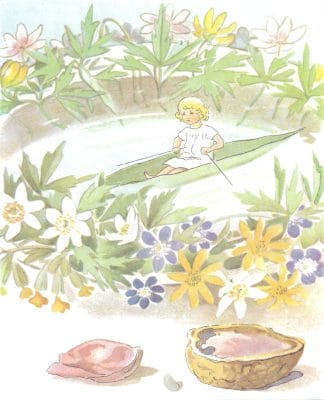 Thumbelina Little Girl Rowing A Leaf Boat Illustration03