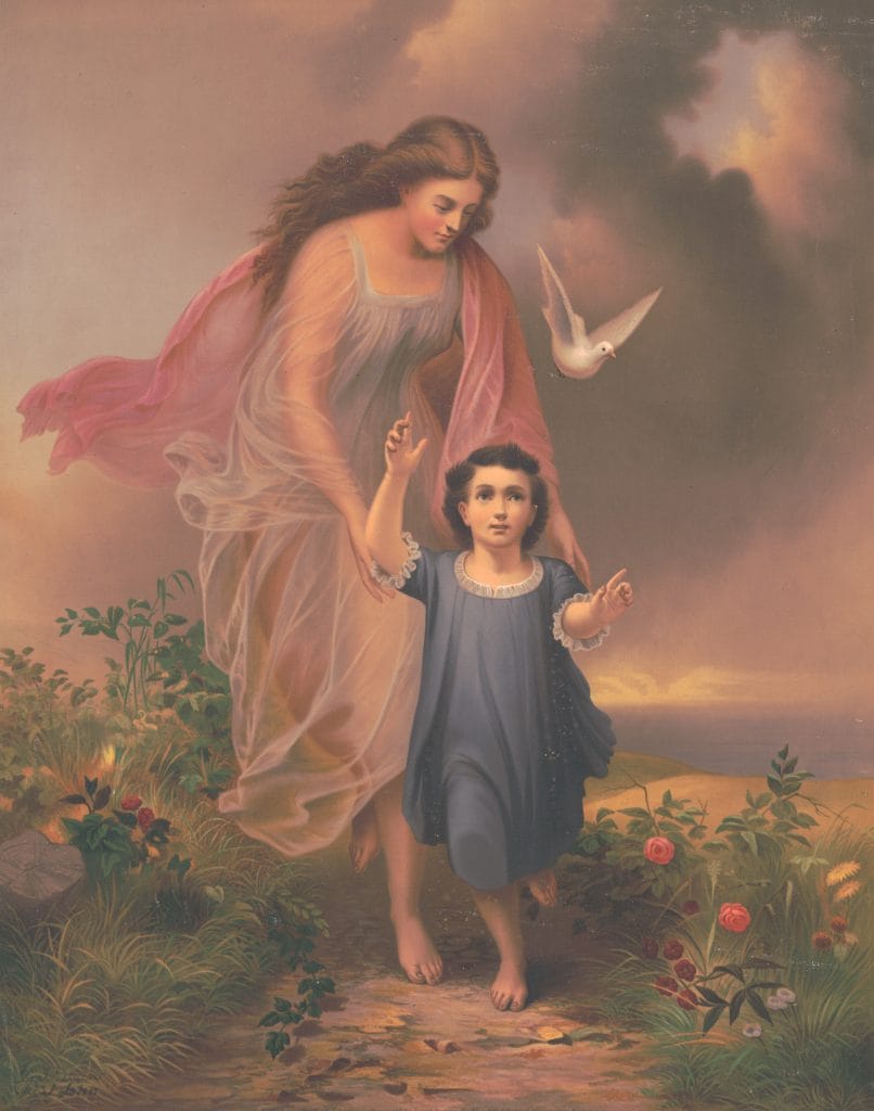 Vinatge Illustration Of A Little Girl Chasing A Flying Dove