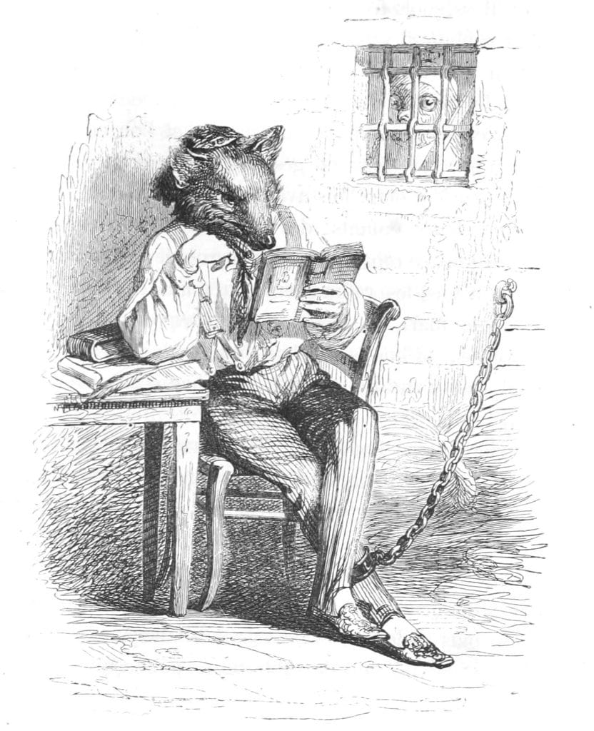 Vintage Anthropomorphic Illustration Of A Fox With A Chained Leg Reading A Book In His Cell