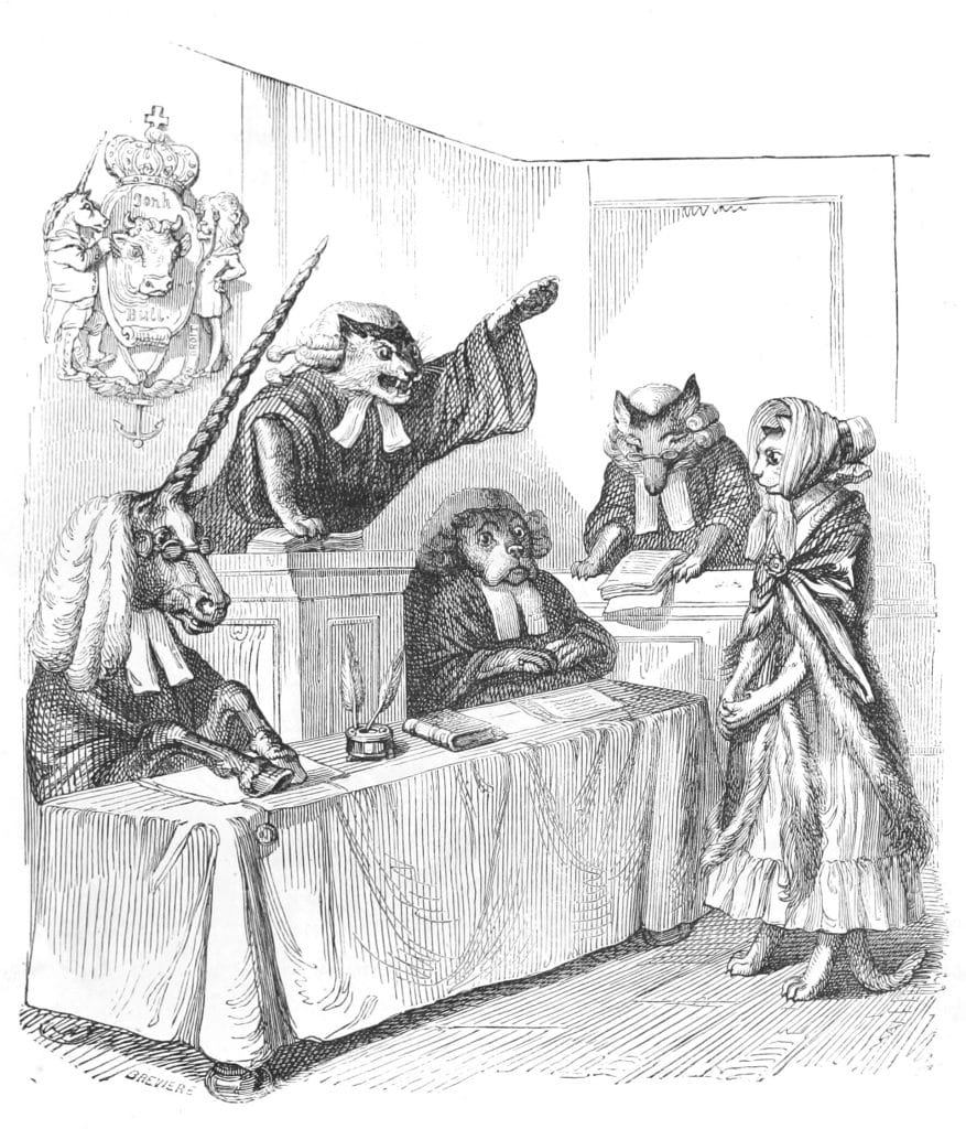 Vintage Anthropomorphic Illustration Of A Courtroom With A Unicorn Cat And Dog