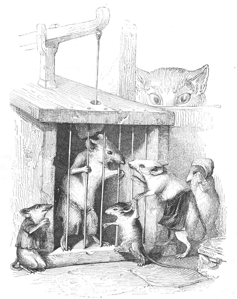 Vintage Anthropomorphic Illustration Of A Locked Up Mice With Family Crying. Cat Peering From Behind The Wall