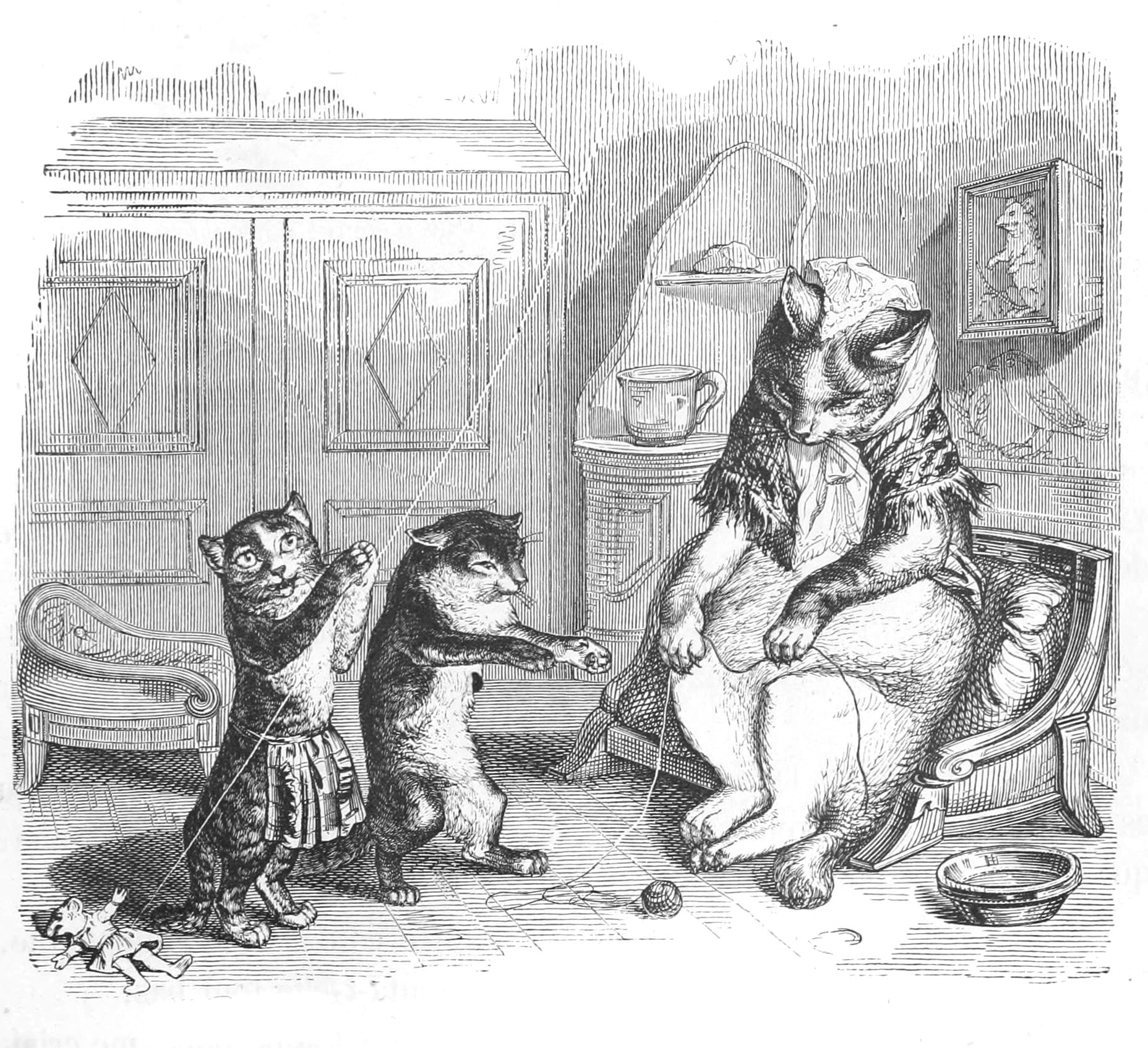 Vintage Anthropomorphic Illustration Of Kittens And Cat - Free Vintage