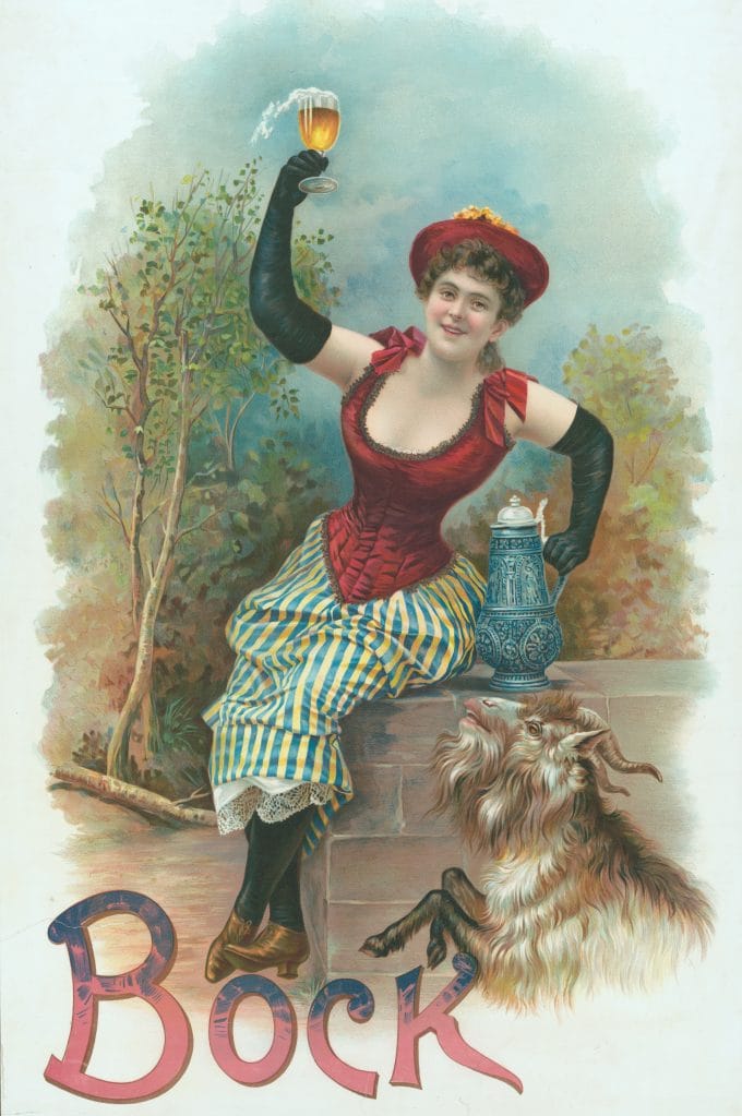 Vintage Beer Advertising Woman Holding A Beer Goat In Foreground