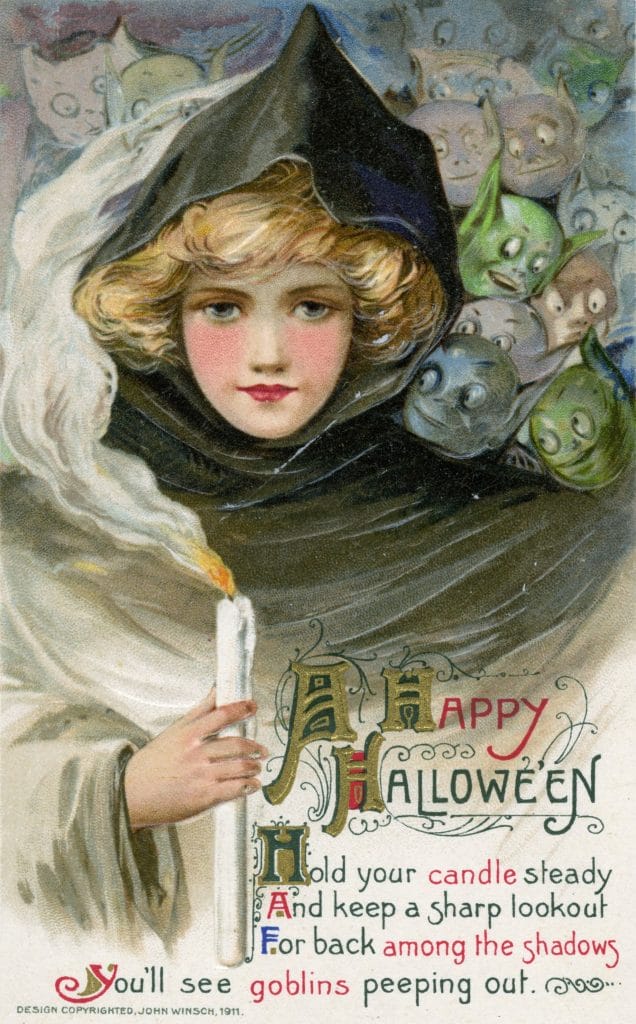 Vintage Halloween Illustration With A Girl With Goblins Peeping Out