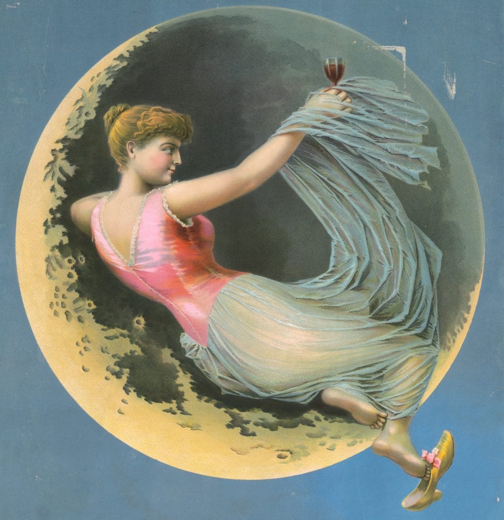 Vintage Illustration Of A Girl Holding A Galss Of Wine In Sitting On The Moon