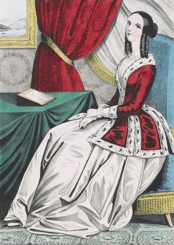 Vintage Illustration Of A Lady Dressed In A Red Dress Sitting On A Chari