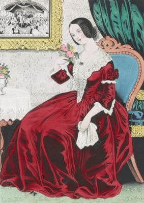Vintage Illustration Of A Lady Dressed In A Red Dress Sitting On An Antique Chair