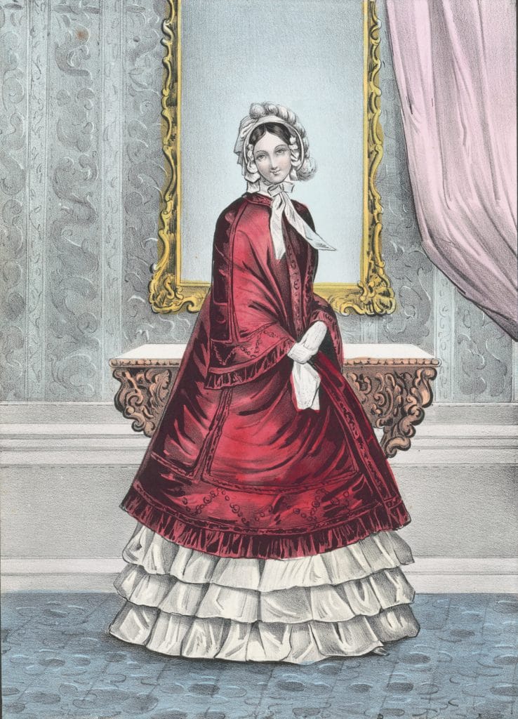 Vintage Illustration Of A Lady Dressed In A Red Dress Standing In Front Of Mirror