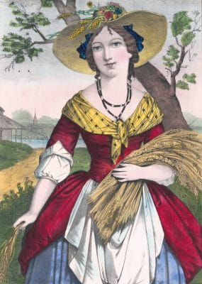 Vintage Illustration Of A Lady Dressed In A Red Dress Standing Outdoors