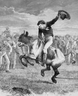 Vintage Illustration Of Cowboy Riding A Bucking Bull
