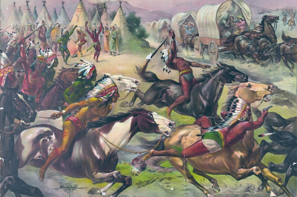 Vintage Illustration Of Cowboys And Native Americans Fighting