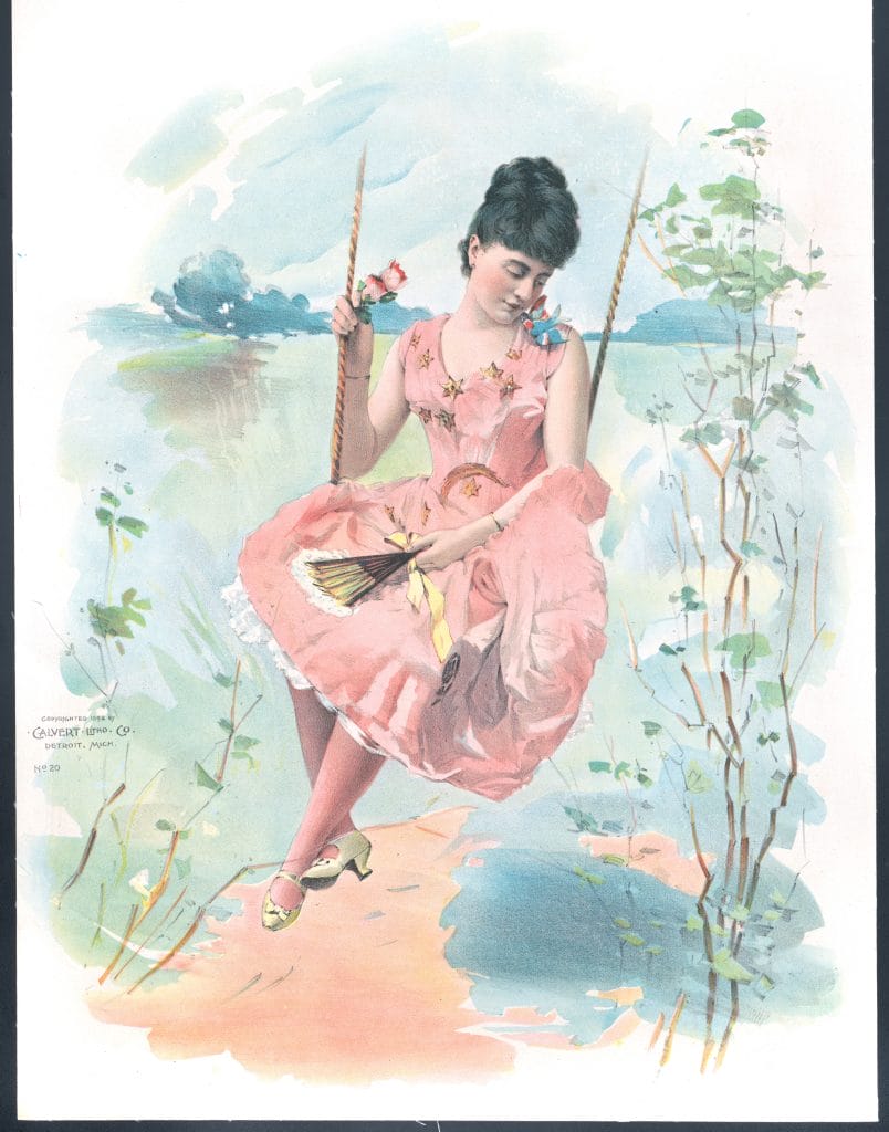 Woman Wearing A Pink Dress With Gold Stars Sitting On A Swing Vintage Woman Illustration