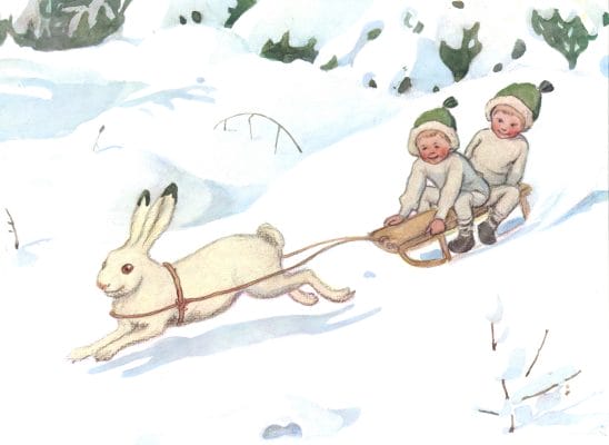 Two Children On A Sleigh Towed By A Rabbit