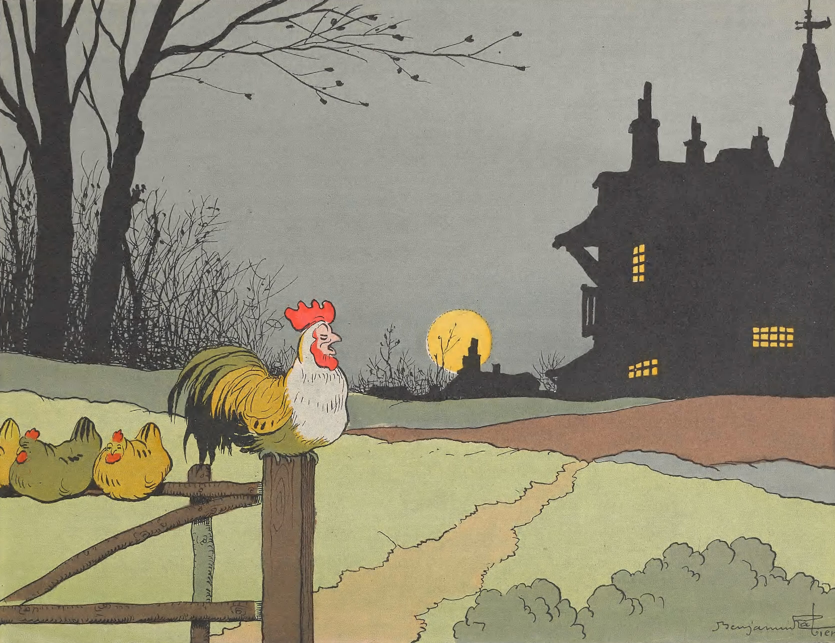 Rooster On A Fence Animal Character Illustration